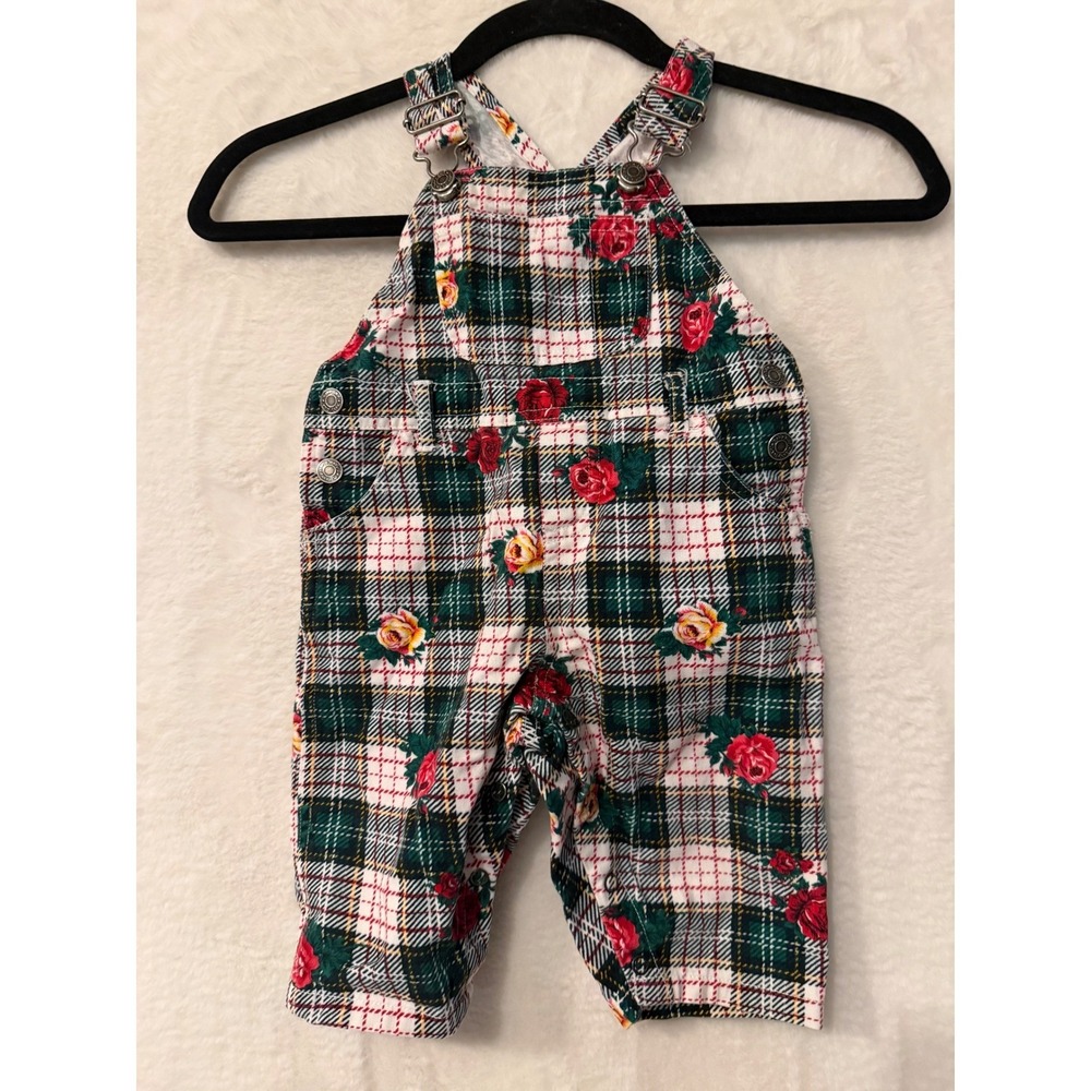 Baby Gap Floral Plaid Overalls Green White Red Rose‎ Tartan Cotton 6-12M